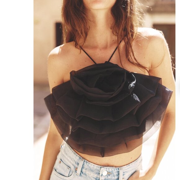 Zara Women Black Large Floral Flower ORGANZA TOP M NWT 0085/355 - Picture 3 of 8